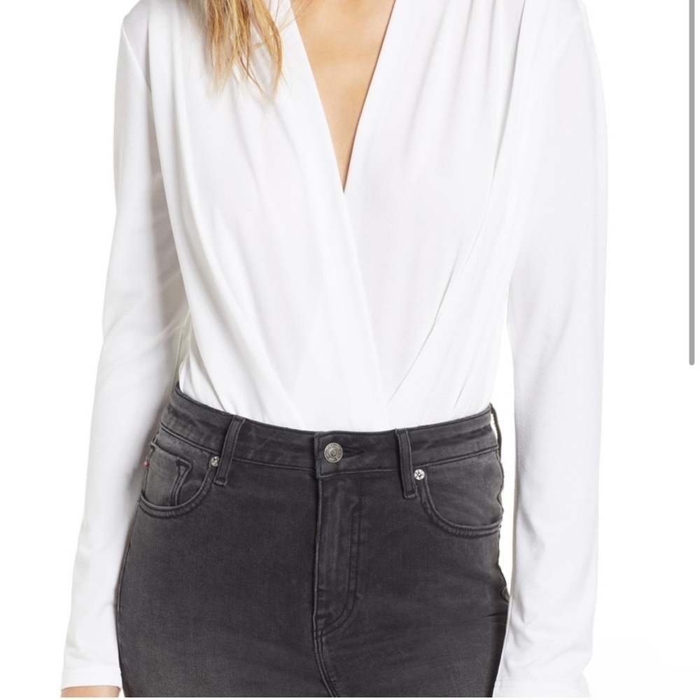 White Long-Sleeve Surplice Bodysuit - Women